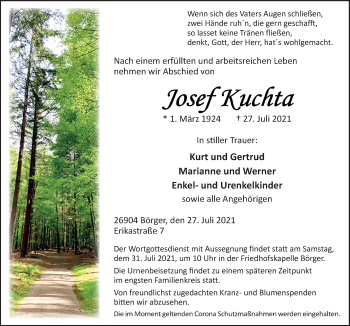 Traueranzeige von Josef Kuchta von Neue Osnabrücker Zeitung GmbH & Co. KG