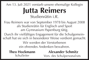 Traueranzeige von Jutta Reimers von Neue Osnabrücker Zeitung GmbH & Co. KG