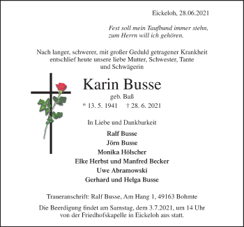 Traueranzeige von Karin Busse von Neue Osnabrücker Zeitung GmbH & Co. KG