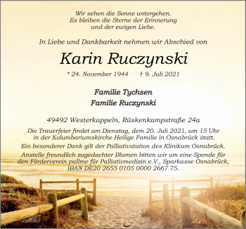 Traueranzeige von Karin Ruczynski von Neue Osnabrücker Zeitung GmbH & Co. KG