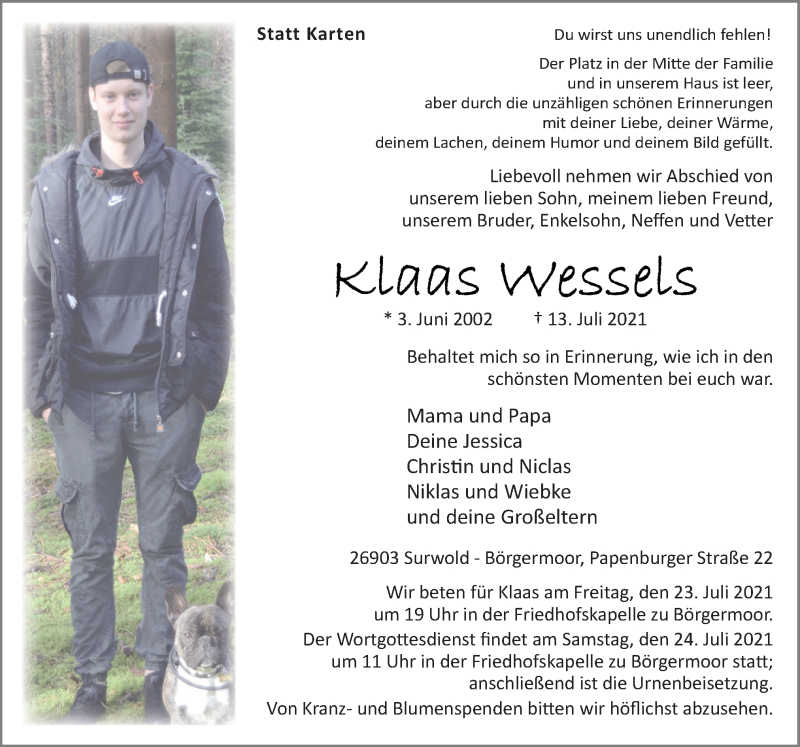  Traueranzeige für Klaas Wessels vom 17.07.2021 aus Neue Osnabrücker Zeitung GmbH & Co. KG
