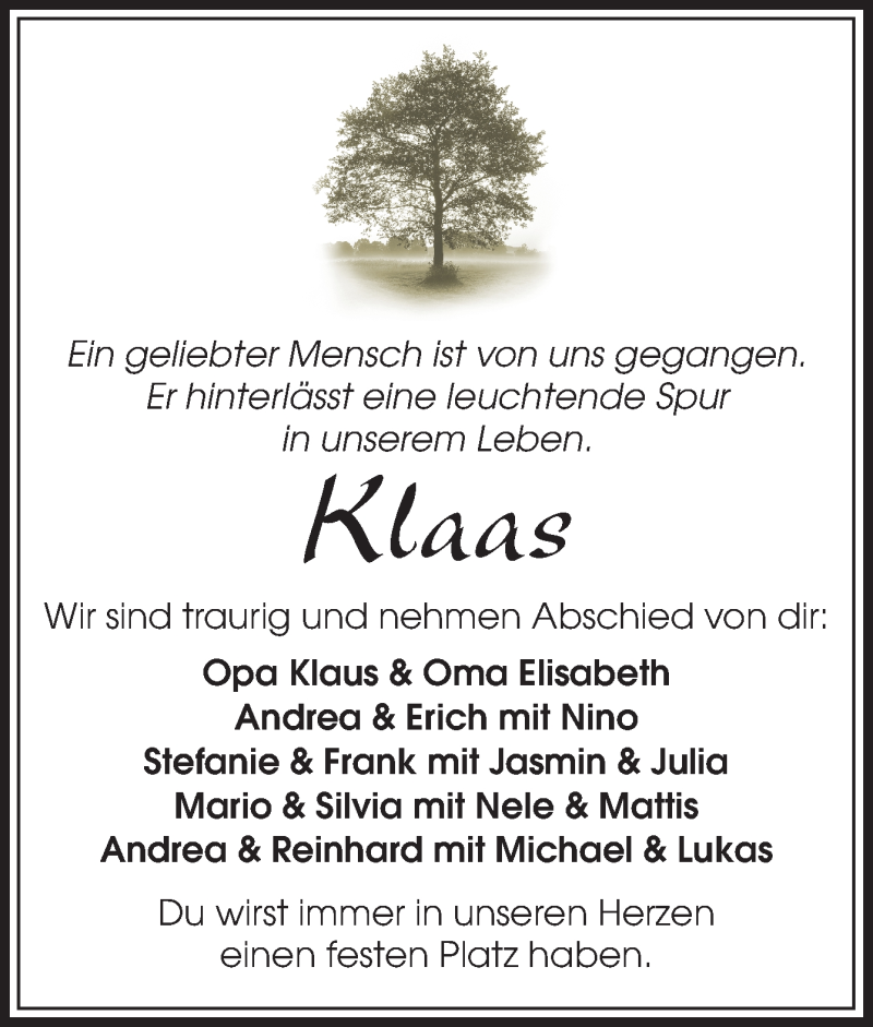  Traueranzeige für Klaas Wessels vom 20.07.2021 aus Neue Osnabrücker Zeitung GmbH & Co. KG
