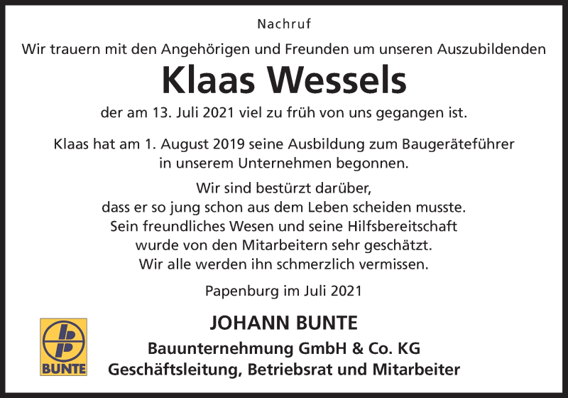  Traueranzeige für Klaas Wessels vom 19.07.2021 aus Neue Osnabrücker Zeitung GmbH & Co. KG