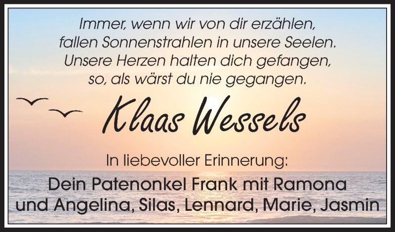  Traueranzeige für Klaas Wessels vom 21.07.2021 aus Neue Osnabrücker Zeitung GmbH & Co. KG