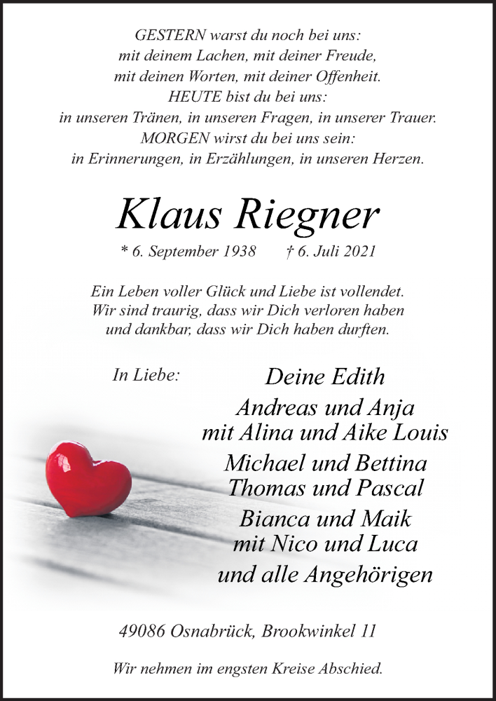  Traueranzeige für Klaus Riegner vom 10.07.2021 aus Neue Osnabrücker Zeitung GmbH & Co. KG