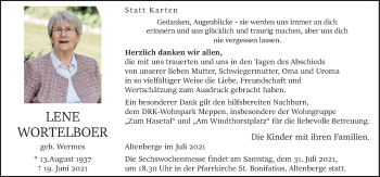 Traueranzeige von Lene Wortelboer von Neue Osnabrücker Zeitung GmbH & Co. KG