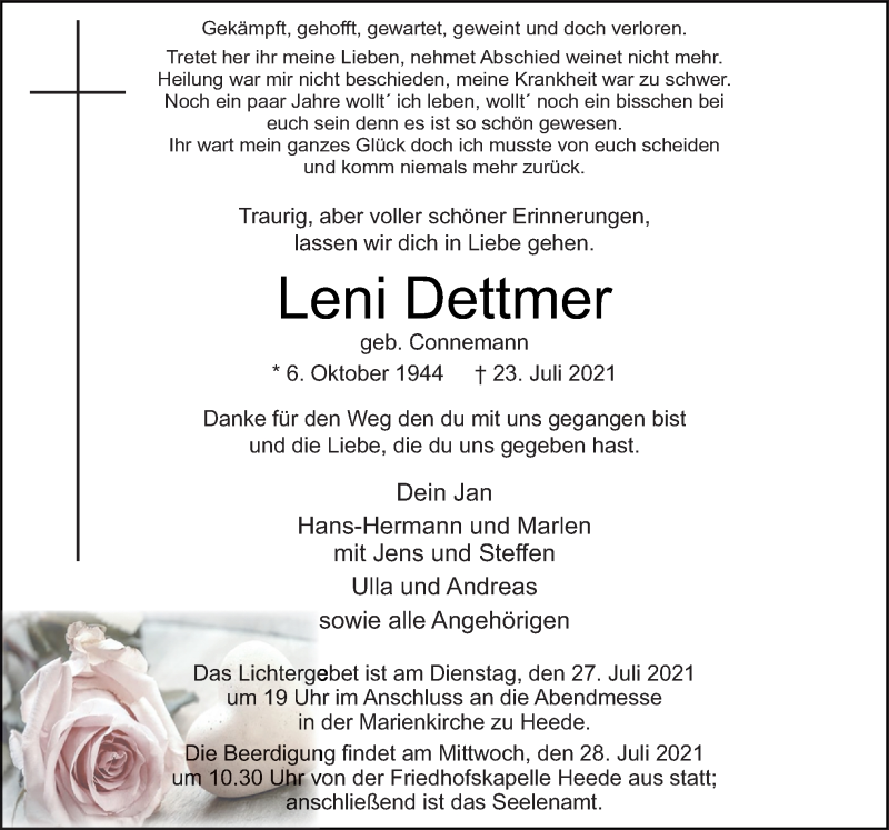 Traueranzeige für Leni Dettmer vom 26.07.2021 aus Neue Osnabrücker Zeitung GmbH & Co. KG