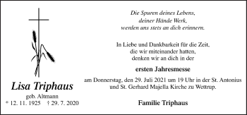 Traueranzeige von Lisa Triphaus von Neue Osnabrücker Zeitung GmbH & Co. KG