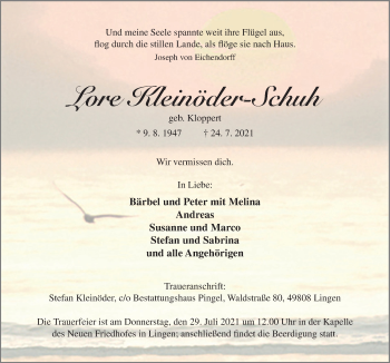 Traueranzeige von Lore Kleinöder-Schuh von Neue Osnabrücker Zeitung GmbH & Co. KG