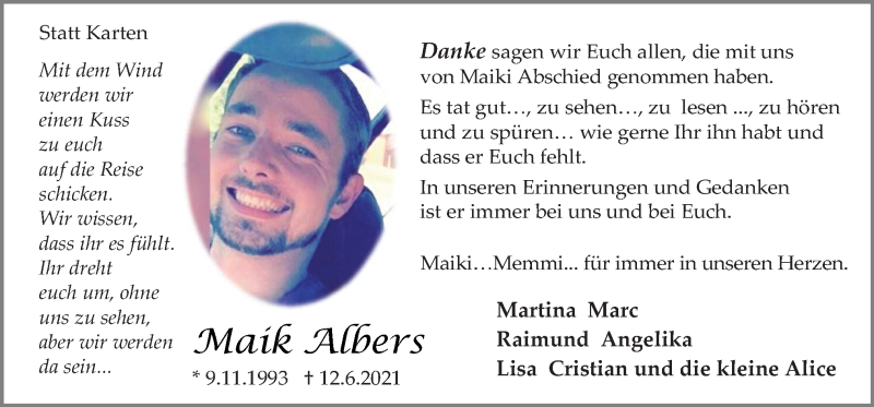  Traueranzeige für Maik Albers vom 10.07.2021 aus Neue Osnabrücker Zeitung GmbH & Co. KG