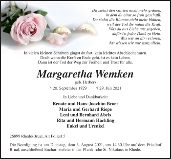 Traueranzeige von Margaretha Wemken von Neue Osnabrücker Zeitung GmbH & Co. KG