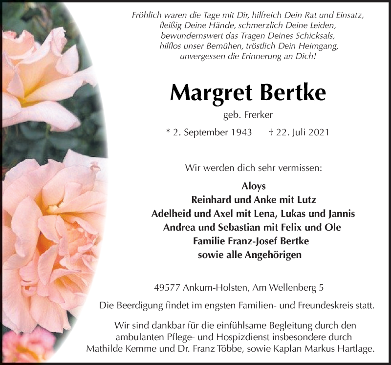  Traueranzeige für Margret Bertke vom 26.07.2021 aus Neue Osnabrücker Zeitung GmbH & Co. KG