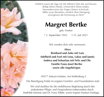 Traueranzeige von Margret Bertke von Neue Osnabrücker Zeitung GmbH & Co. KG