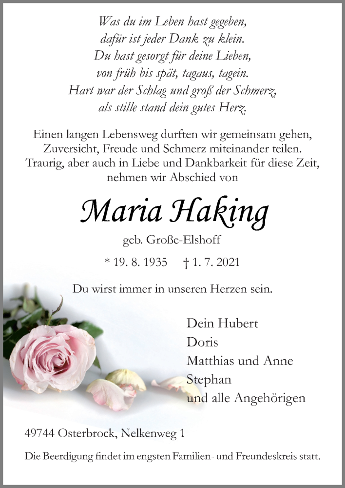  Traueranzeige für Maria Haking vom 03.07.2021 aus Neue Osnabrücker Zeitung GmbH & Co. KG