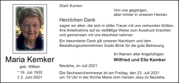 Traueranzeige von Maria Kemker von Neue Osnabrücker Zeitung GmbH & Co. KG