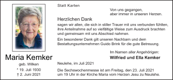 Traueranzeige von Maria Kemker von Neue Osnabrücker Zeitung GmbH & Co. KG