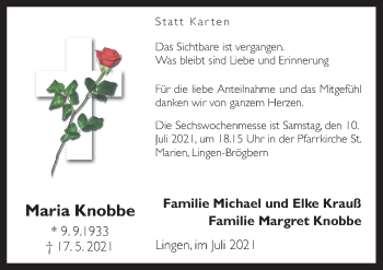 Traueranzeige von Maria Knobbe von Neue Osnabrücker Zeitung GmbH & Co. KG