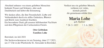 Traueranzeige von Maria Lohe von Neue Osnabrücker Zeitung GmbH & Co. KG