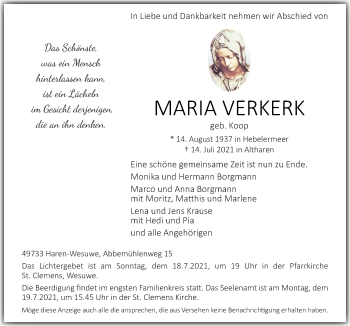 Traueranzeige von Maria Verkerk von Neue Osnabrücker Zeitung GmbH & Co. KG