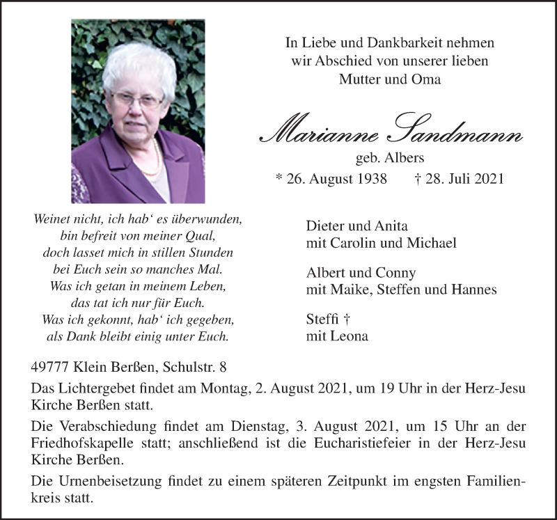  Traueranzeige für Marianne Sandmann vom 30.07.2021 aus Neue Osnabrücker Zeitung GmbH & Co. KG