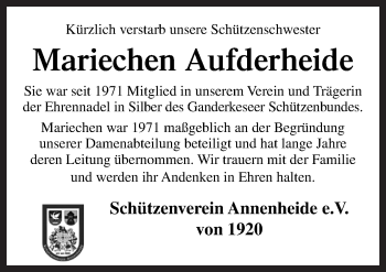 Traueranzeige von Mariechen Aufderheide von Neue Osnabrücker Zeitung GmbH & Co. KG