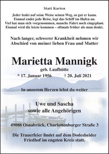 Traueranzeige von Marietta Mannigk von Neue Osnabrücker Zeitung GmbH & Co. KG