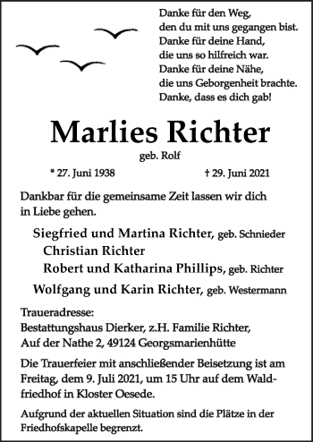 Traueranzeige von Marlies Richter von Neue Osnabrücker Zeitung GmbH & Co. KG