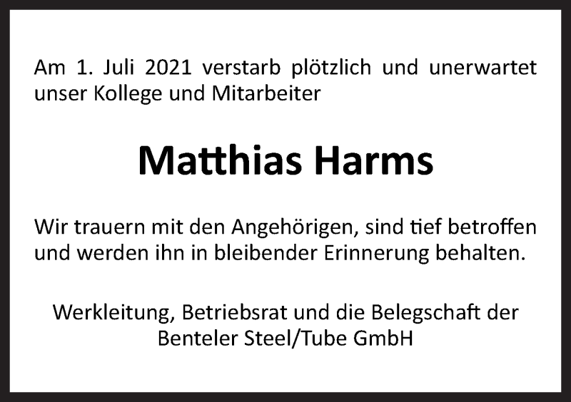  Traueranzeige für Matthias Harms vom 09.07.2021 aus Neue Osnabrücker Zeitung GmbH & Co. KG