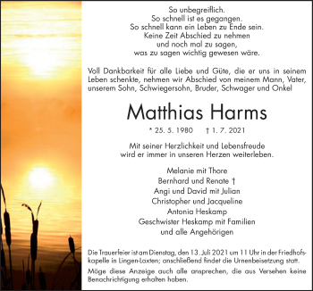 Traueranzeige von Matthias Harms von Neue Osnabrücker Zeitung GmbH & Co. KG