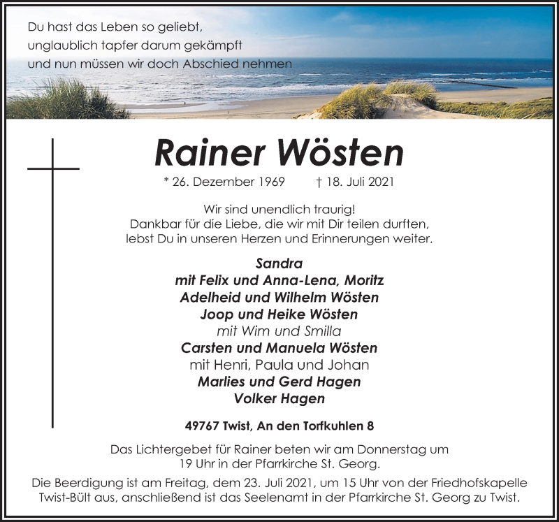  Traueranzeige für Rainer Wösten vom 21.07.2021 aus Neue Osnabrücker Zeitung GmbH & Co. KG