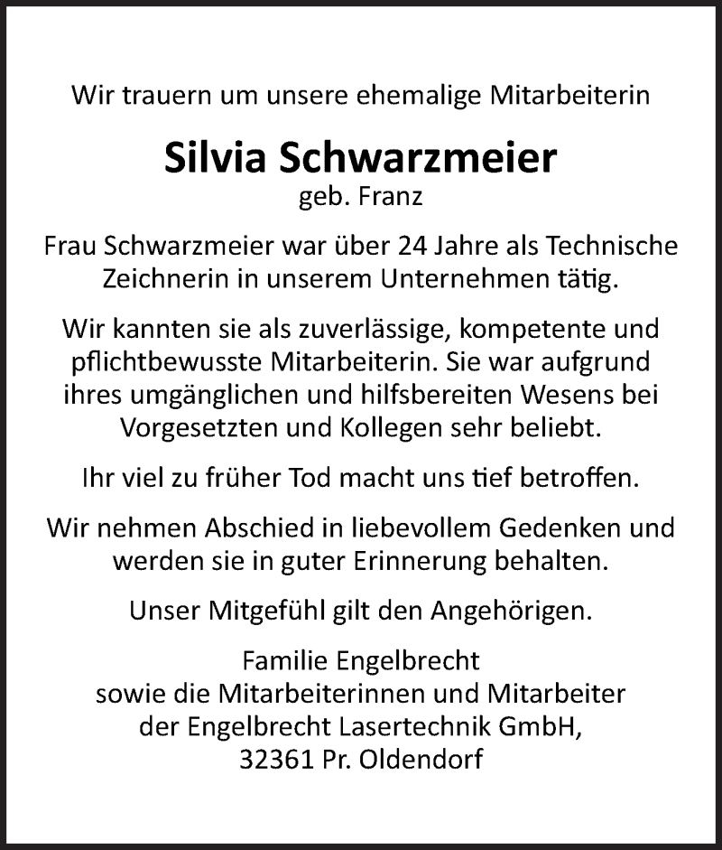 Traueranzeigen Von Silvia Schwarzmeier | Noz Trauerportal