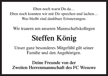 Traueranzeige von Steffen König von Neue Osnabrücker Zeitung GmbH & Co. KG