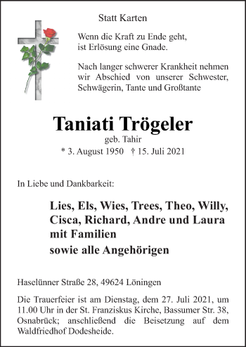 Traueranzeige von Taniati Trögeler von Neue Osnabrücker Zeitung GmbH & Co. KG