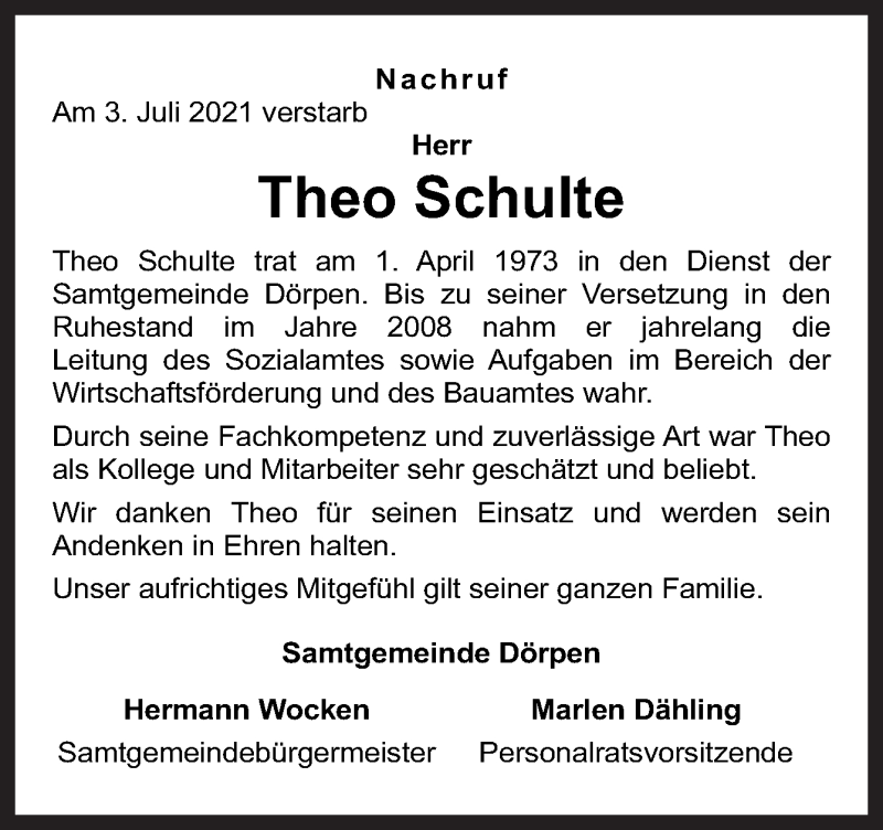  Traueranzeige für Theo Schulte vom 09.07.2021 aus Neue Osnabrücker Zeitung GmbH & Co. KG
