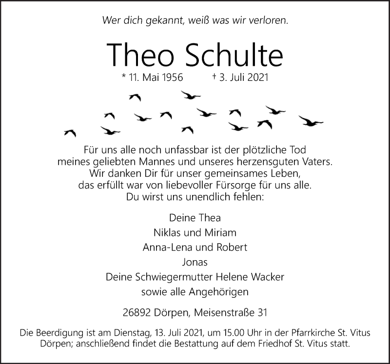  Traueranzeige für Theo Schulte vom 07.07.2021 aus Neue Osnabrücker Zeitung GmbH & Co. KG