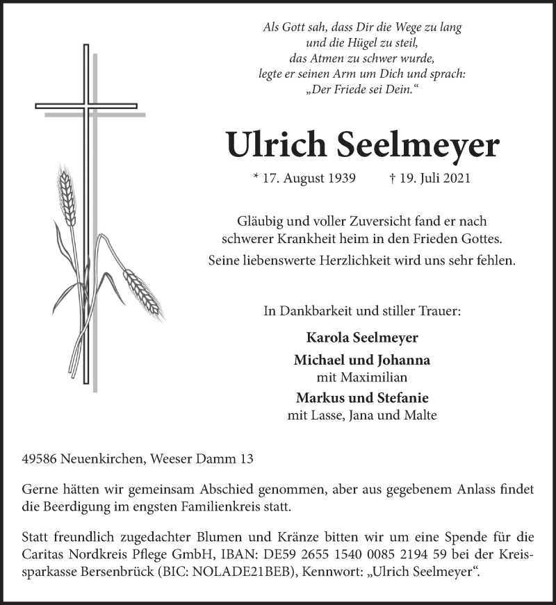  Traueranzeige für Ulrich Seelmeyer vom 21.07.2021 aus Neue Osnabrücker Zeitung GmbH & Co. KG