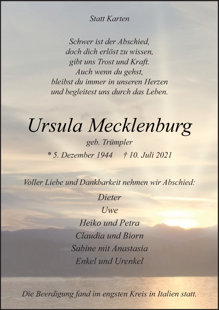  Traueranzeige für Ursula Mecklenburg vom 14.07.2021 aus Neue Osnabrücker Zeitung GmbH & Co. KG