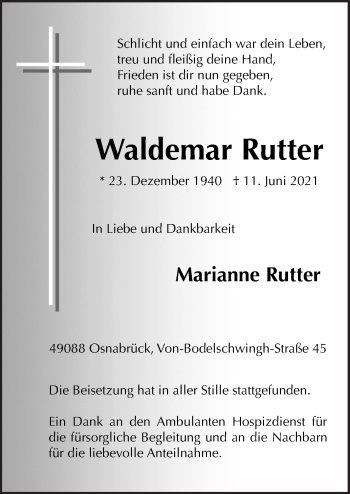 Traueranzeige von Waldemar Rutter von Neue Osnabrücker Zeitung GmbH & Co. KG