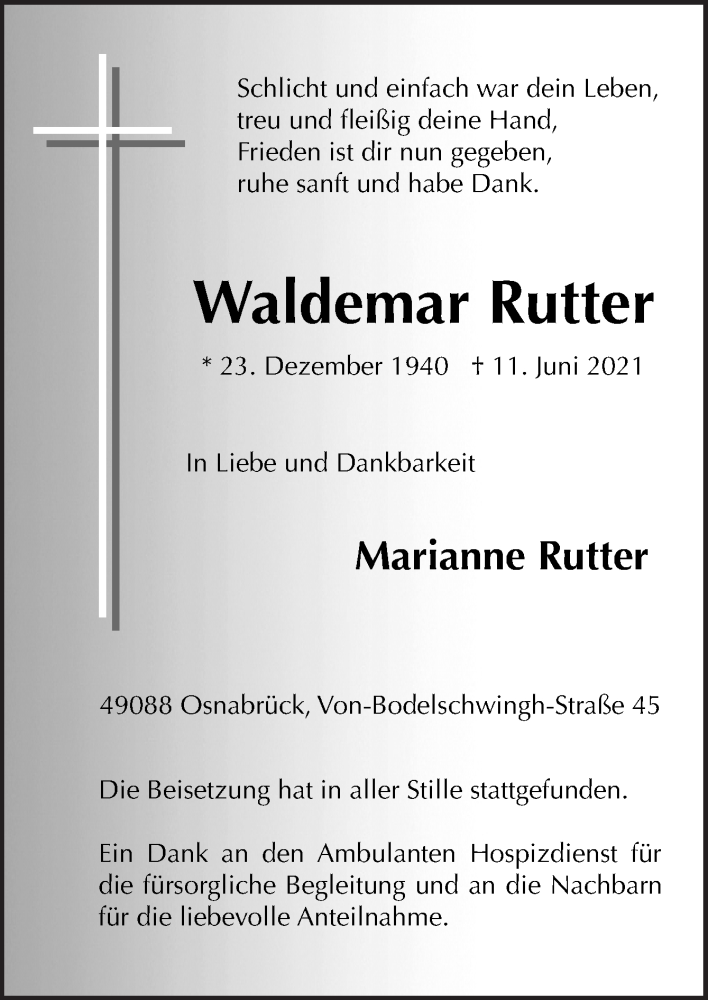  Traueranzeige für Waldemar Rutter vom 03.07.2021 aus Neue Osnabrücker Zeitung GmbH & Co. KG