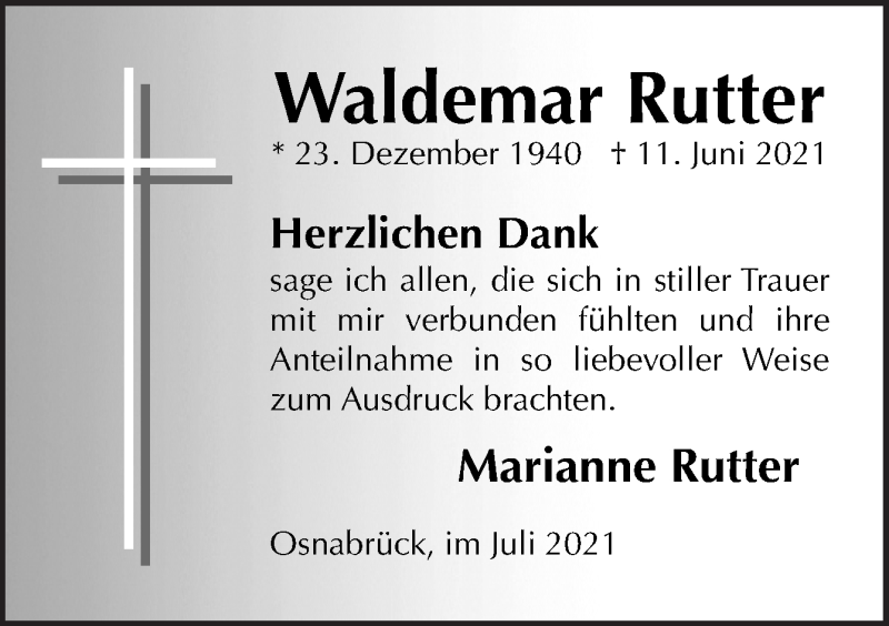  Traueranzeige für Waldemar Rutter vom 17.07.2021 aus Neue Osnabrücker Zeitung GmbH & Co. KG