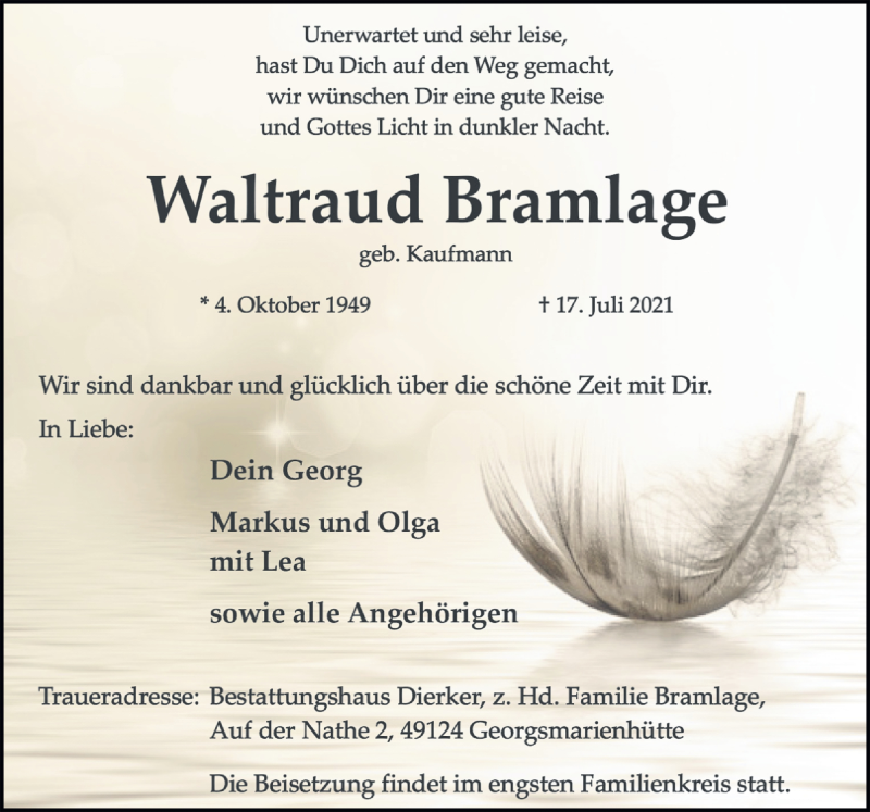  Traueranzeige für Waltraud Bramlage vom 24.07.2021 aus Neue Osnabrücker Zeitung GmbH & Co. KG
