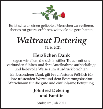 Traueranzeige von Waltraut Detering von Neue Osnabrücker Zeitung GmbH & Co. KG