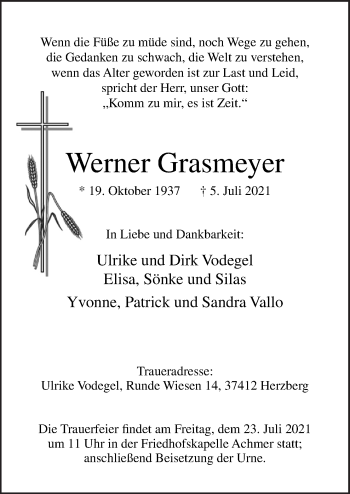 Traueranzeige von Werner Grasmeyer von Neue Osnabrücker Zeitung GmbH & Co. KG