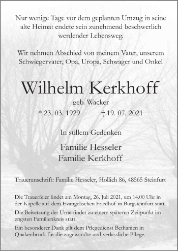 Traueranzeige von Wilhelm Kerkhoff von Neue Osnabrücker Zeitung GmbH & Co. KG