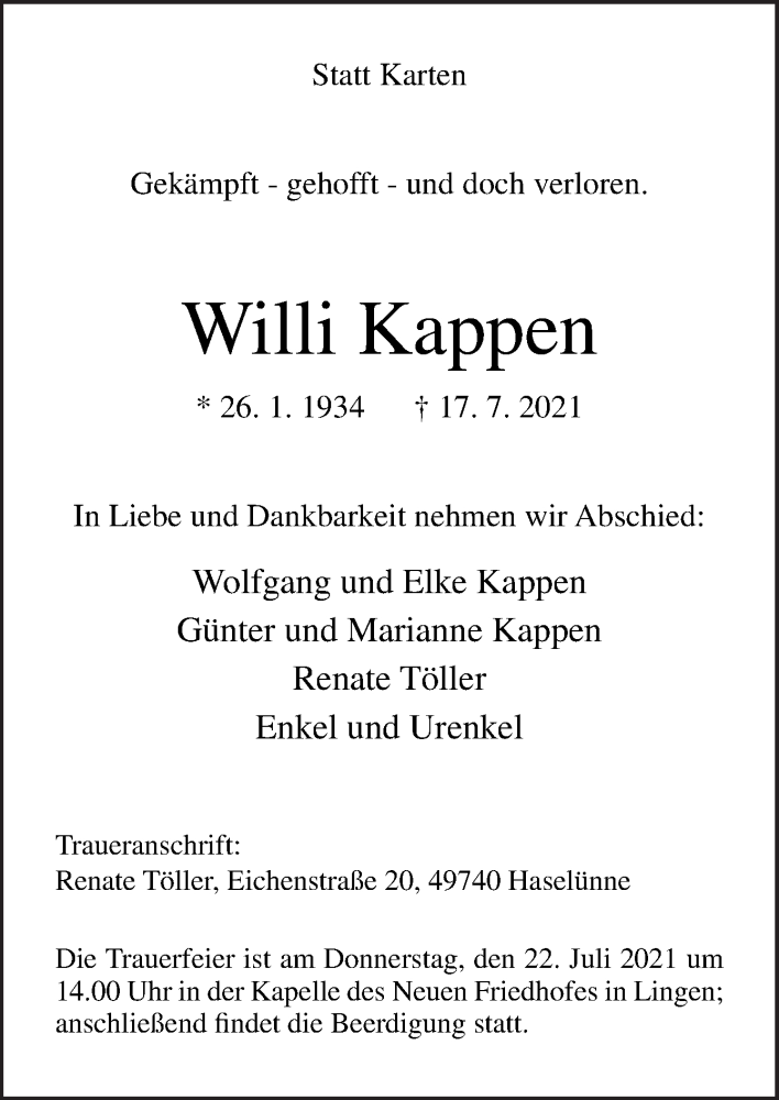  Traueranzeige für Willi Kappen vom 20.07.2021 aus Neue Osnabrücker Zeitung GmbH & Co. KG
