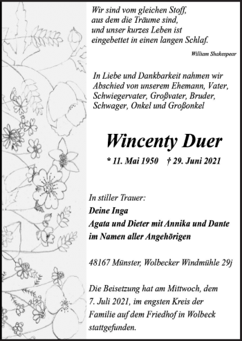 Traueranzeige von Wincenty Duer von Neue Osnabrücker Zeitung GmbH & Co. KG