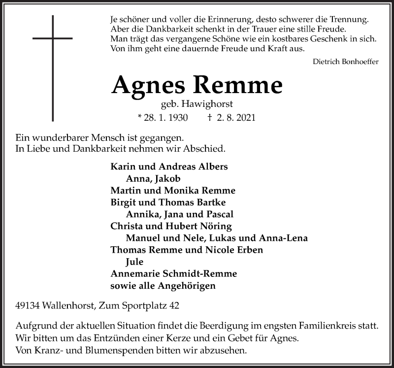  Traueranzeige für Agnes Remme vom 04.08.2021 aus Neue Osnabrücker Zeitung GmbH & Co. KG
