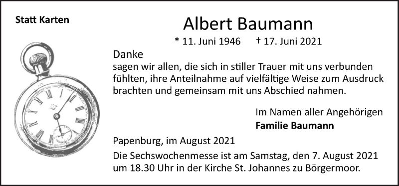  Traueranzeige für Albert Baumann vom 04.08.2021 aus Neue Osnabrücker Zeitung GmbH & Co. KG