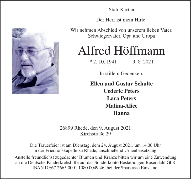  Traueranzeige für Alfred Höffmann vom 18.08.2021 aus Neue Osnabrücker Zeitung GmbH & Co. KG