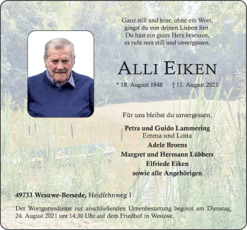 Traueranzeige von Alli Eiken von Neue Osnabrücker Zeitung GmbH & Co. KG